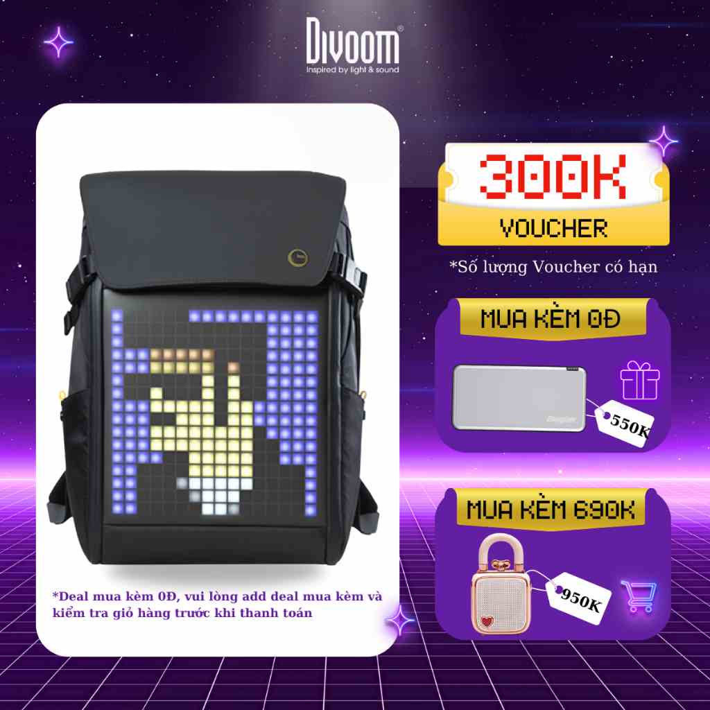 Balo DIVOOM Pixoo Backpack-M, có hiển thị màn hình LED, ngăn chứa Laptop 15inch