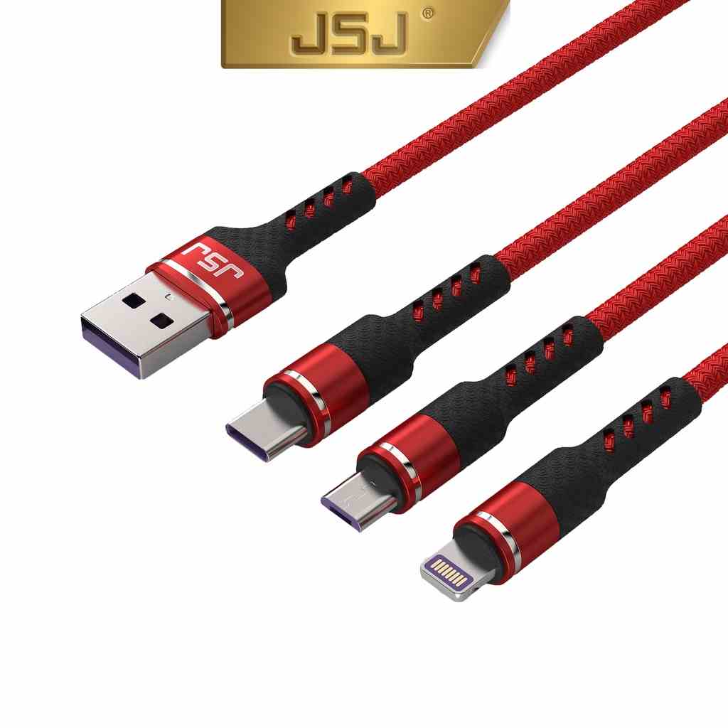 Cáp sạc nhanh 3 đầu(USB Cáp sạc)3.0A JSJ USB-233 dài 1.2m sử dung chất liệu vải dù mềm phân đuôi cáp đư