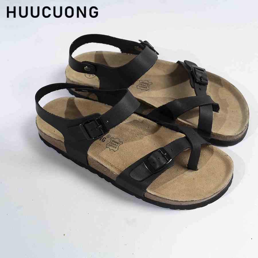 Giày Sandal Unisex HuuCuong xỏ ngón da bò đen đế trấu