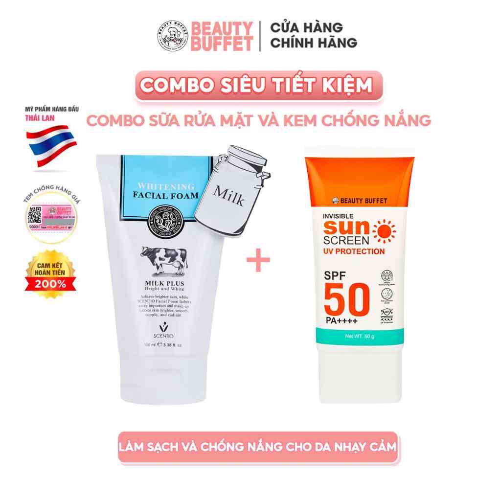 Combo Sữa rửa mặt con bò Scentio Milk Plus 100ml và Kem chống nắng da mặt Beauty Buffet Invisible SPF50 PA++++ 50g