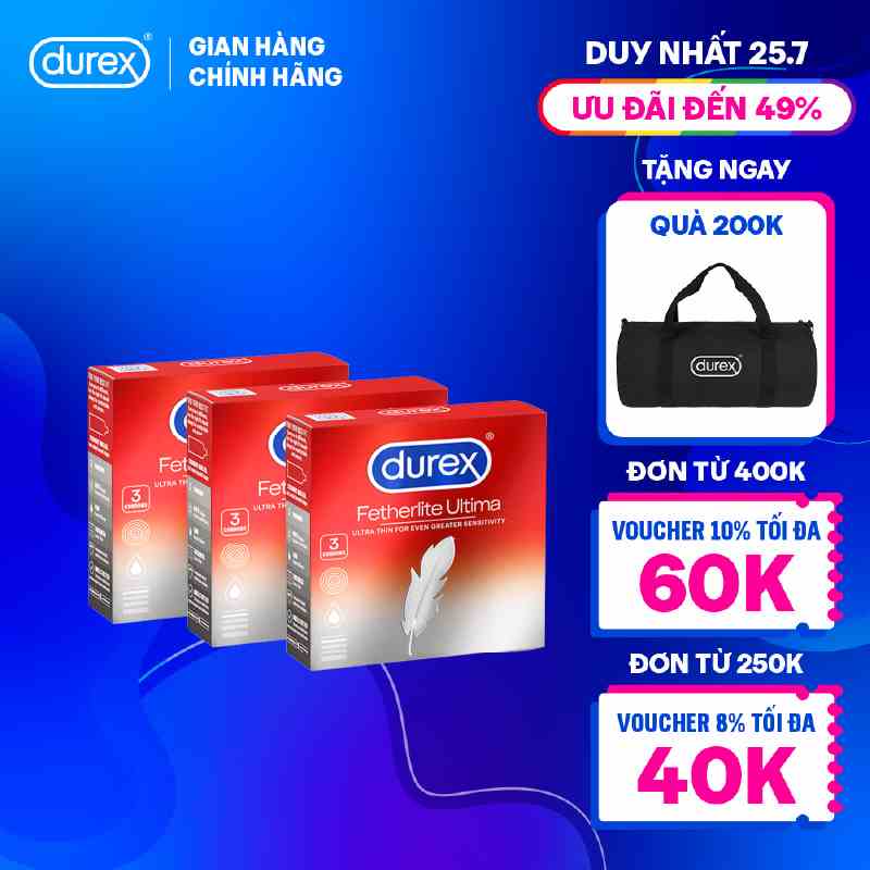 Bộ 3 bao cao su Durex Fetherlite Ultima siêu mỏng, size 52mm, 3 bao/hộp