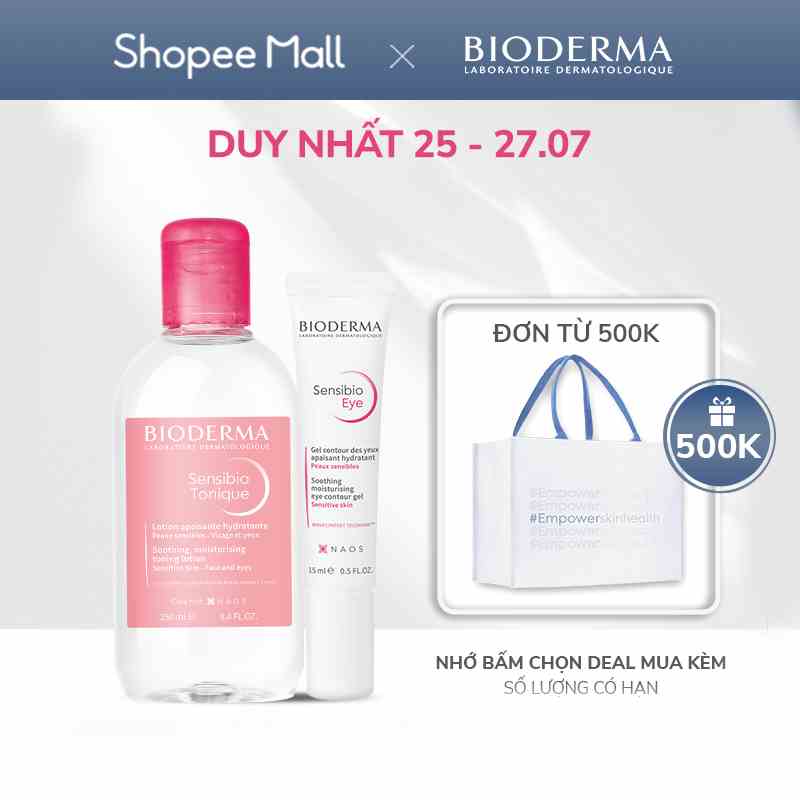 Bộ đôi dung dịch cân bằng, dưỡng ẩm cho da nhạy cảm Bioderma Sensibio Tonique 250ml và kem dưỡng giảm bọng mắt 15ml