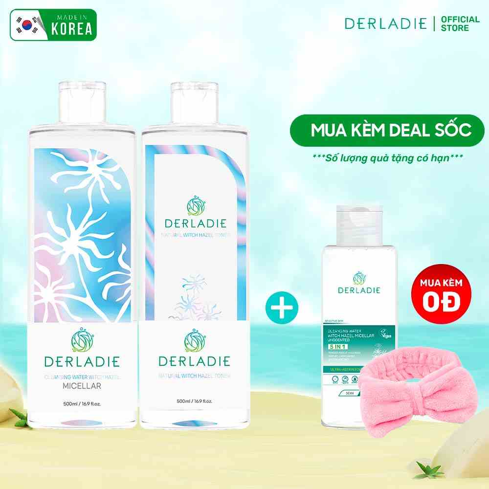 Bộ đôi làm sạch, cấp ẩm Nước tẩy trang Derladie 500ml, Toner Natural Witch Hazel 500ml