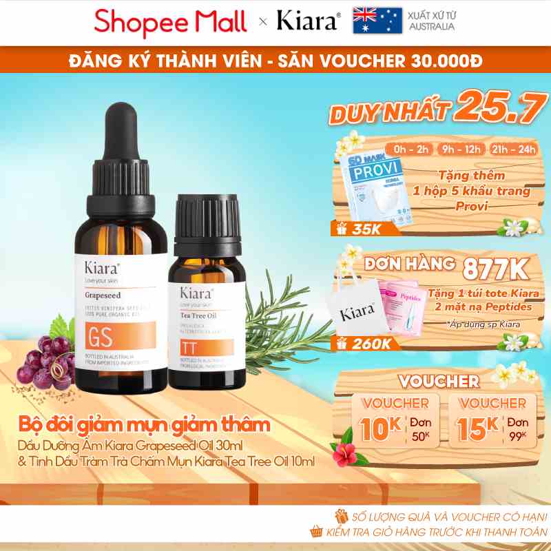 Bộ đôi giảm thâm giảm mụn Dầu Dưỡng Ẩm Kiara Grapeseed Oil 30ml & Tinh Dầu Tràm Trà Chấm Mụn Kiara Tea Tree Oil 10ml