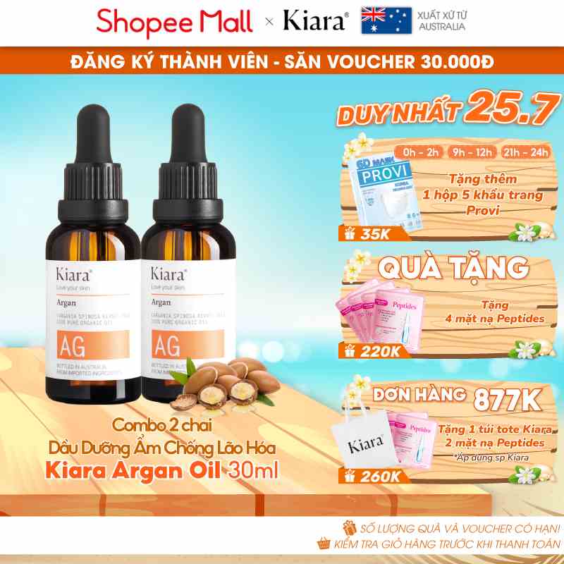 Combo 2 chai dầu dưỡng ẩm chống lão hóa sáng da Kiara Argan Oil 2 x 30ml