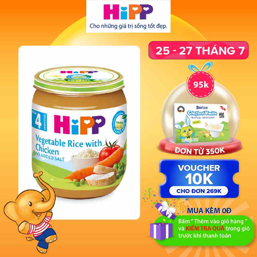 Dinh dưỡng đóng lọ ăn dặm Thịt gà, cơm nhuyễn, rau tổng hợp HiPP Organic 125g