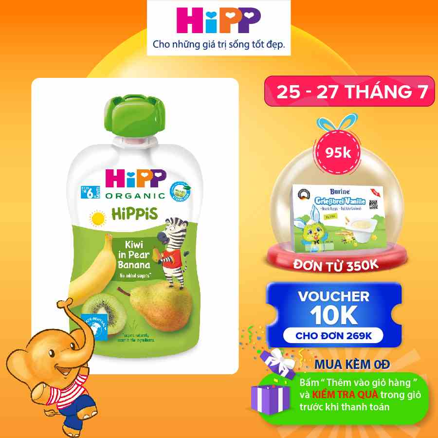 Dinh dưỡng 100% Trái cây nghiền Organic HiPPiS Kiwi, Lê, Chuối 100g giúp Bổ sung Vitamin, dành cho bé từ 6 tháng tuổi.