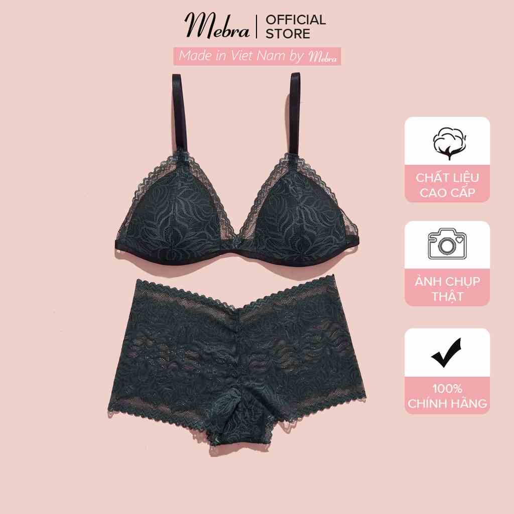 Set đồ lót xanh lá liễu bralette boxer không gọng mút mỏng họa tiết sexy sang trọng thương hiệu Mebra A095