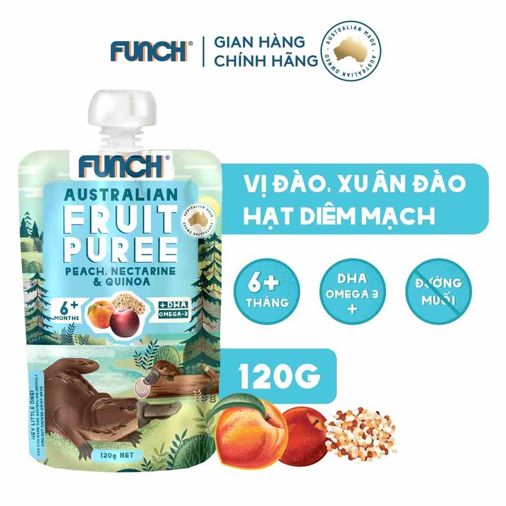 Trái Cây Nghiền Cho Bé từ Ăn Dặm 6 Tháng Mix Hạt Dinh Dưỡng FUNCH bổ sung DHA Vị Đào, Xuân Đào, Quinoa 120g