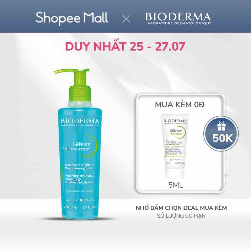 Gel rửa mặt tạo bọt, không chứa xà phòng Bioderma Sebium Gel Moussant - 200ml