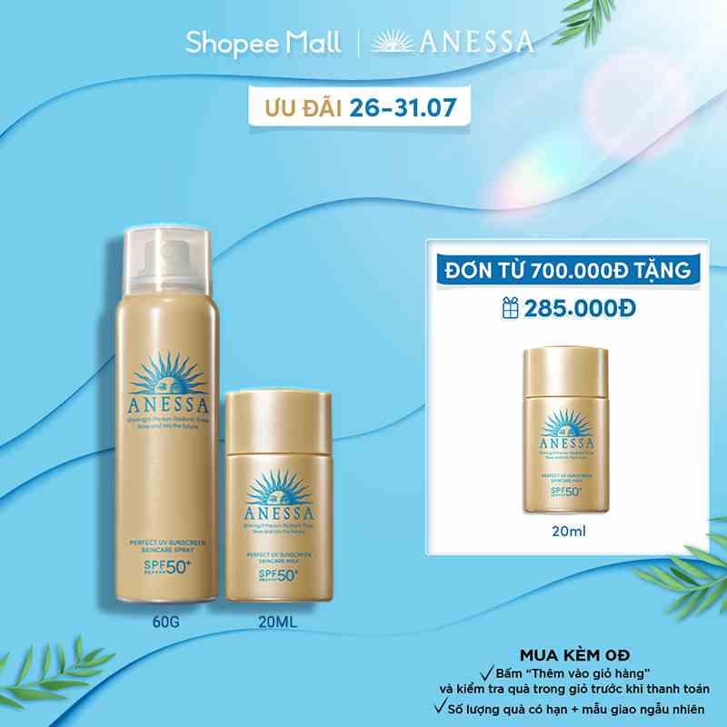 Bộ đôi xịt và sữa chống nắng Anessa kiềm dầu, dưỡng da , tiện lợi (Anesa Gold spray 60g + Gold milk 20ml)