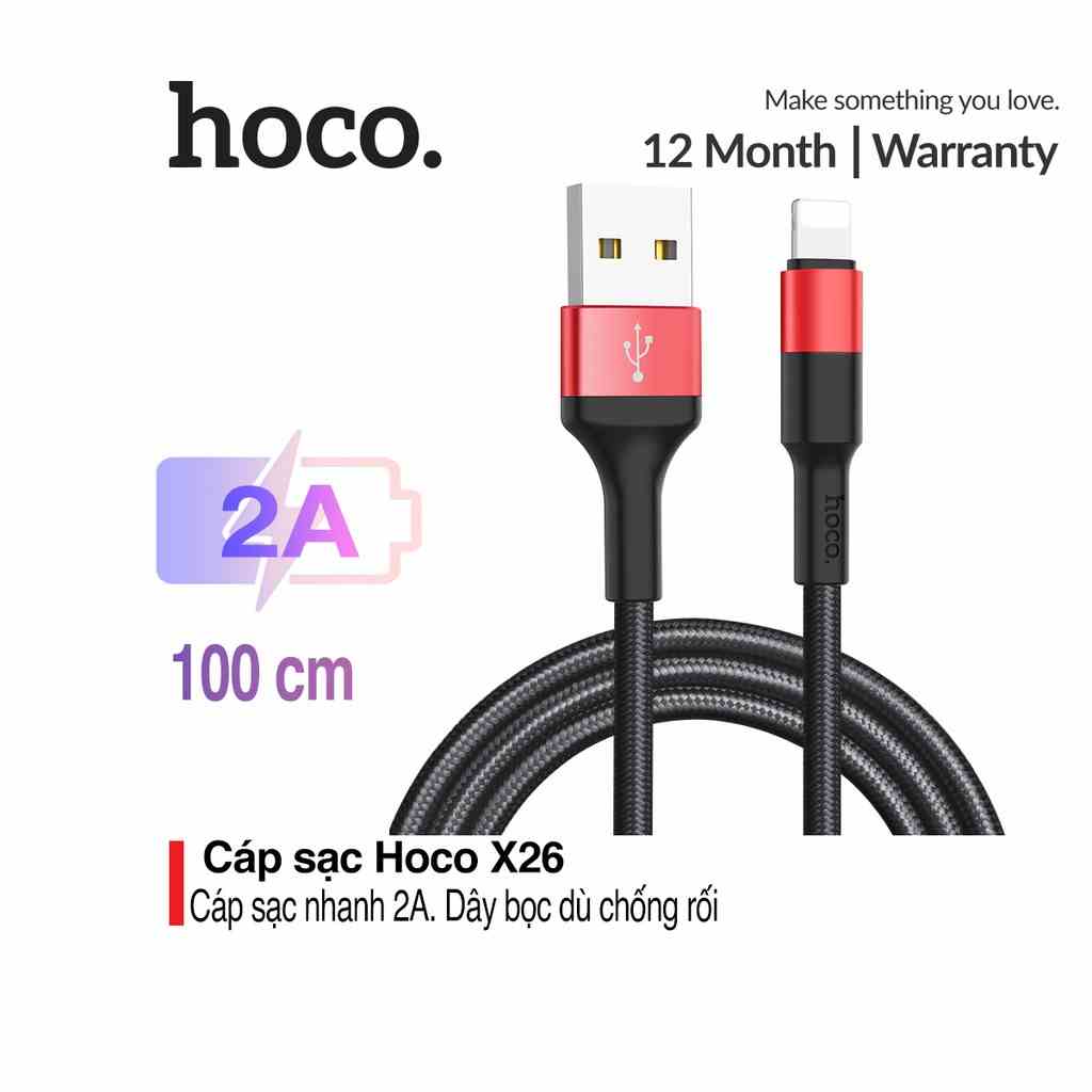 Cáp sạc Hoco X26 Lightning, sạc nhanh 2A MAX, dây sạc bọc dù chống rối chống đứt, dành cho điện thoại Iphone Ipad DÀI 1M