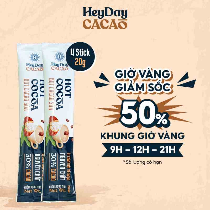 Bột Cacao Sữa Heyday - Đậm vị chân thật từ cacao nguyên chất - Combo 4 gói tiện lợi 20g