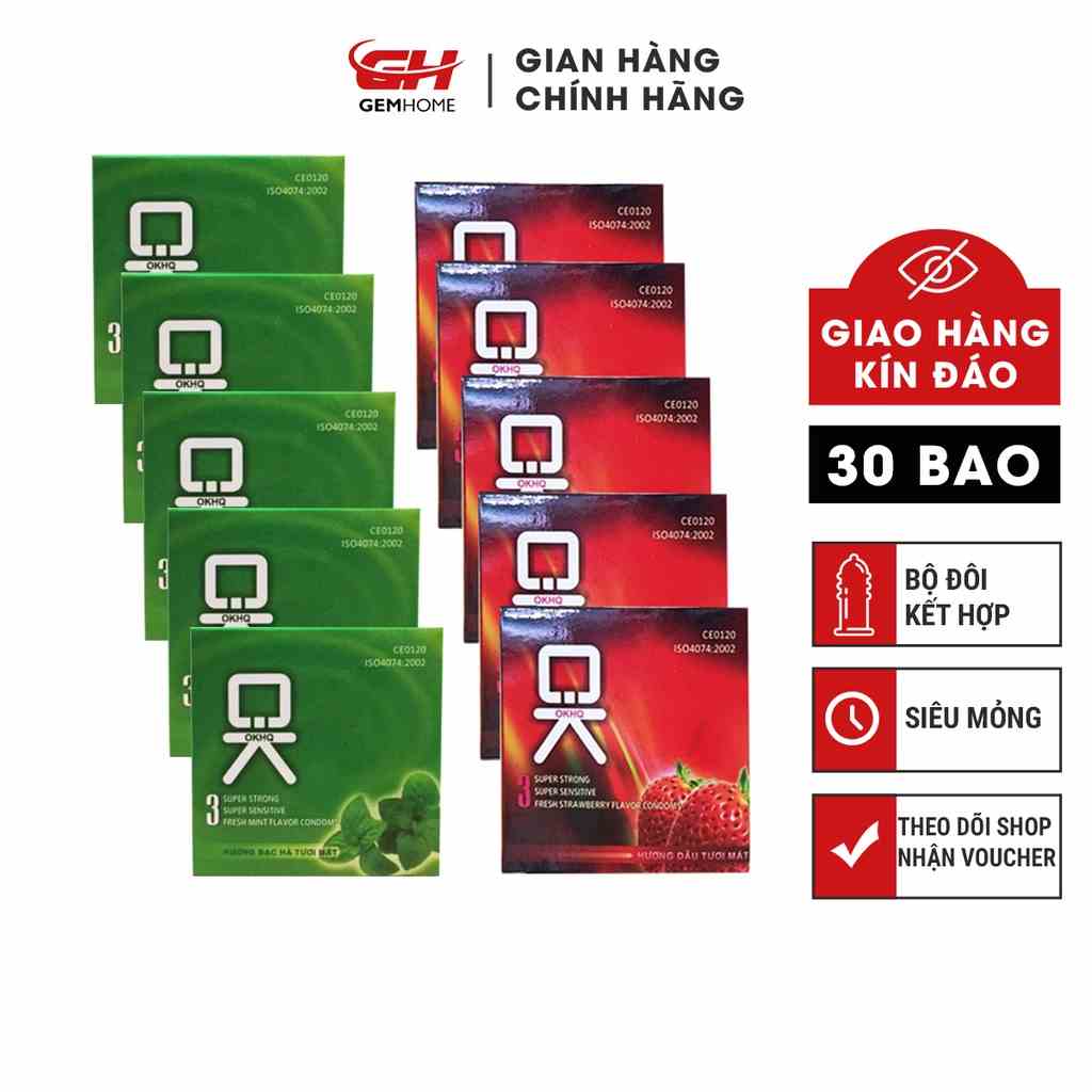 [Mã BMLTB35 giảm đến 35K đơn 99K] Bao cao su OKHQ Hương Dâu Tây - Bạc Hà Không Mùi 10 hộp nhỏ kết hợp GEMHOME