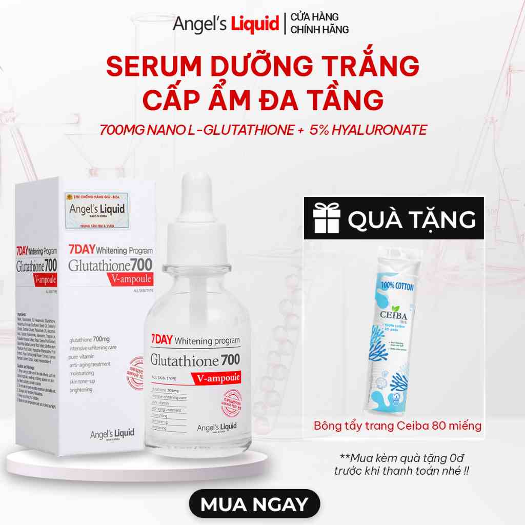 Serum Dưỡng Trắng Da, Cấp Ẩm Đa Tầng Angels Liquid Glutathione 700mg + 5% HA 7Day Whitening Program 30ml