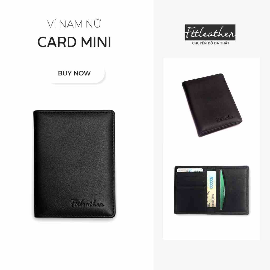 Ví da nam nữ đựng thẻ card mini da bò cao cấp dáng đứng gập đôi nhỏ gọn nhiều ngăn Ftt Leather