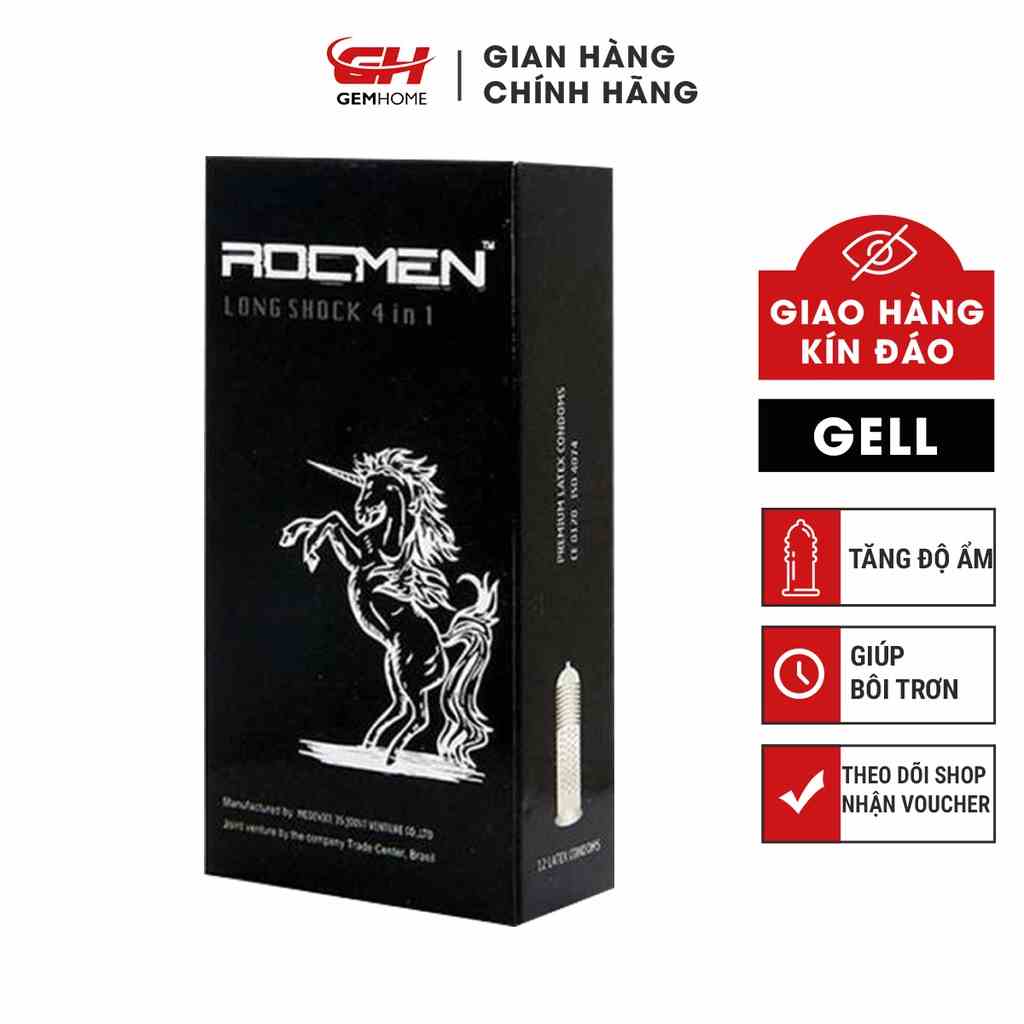 [Mã BMLTB35 giảm đến 35K đơn 99K] Bao cao su Cá Ngựa ROCMEN 4 IN 1 Đen Hộp 12 Chiếc GEMHOME