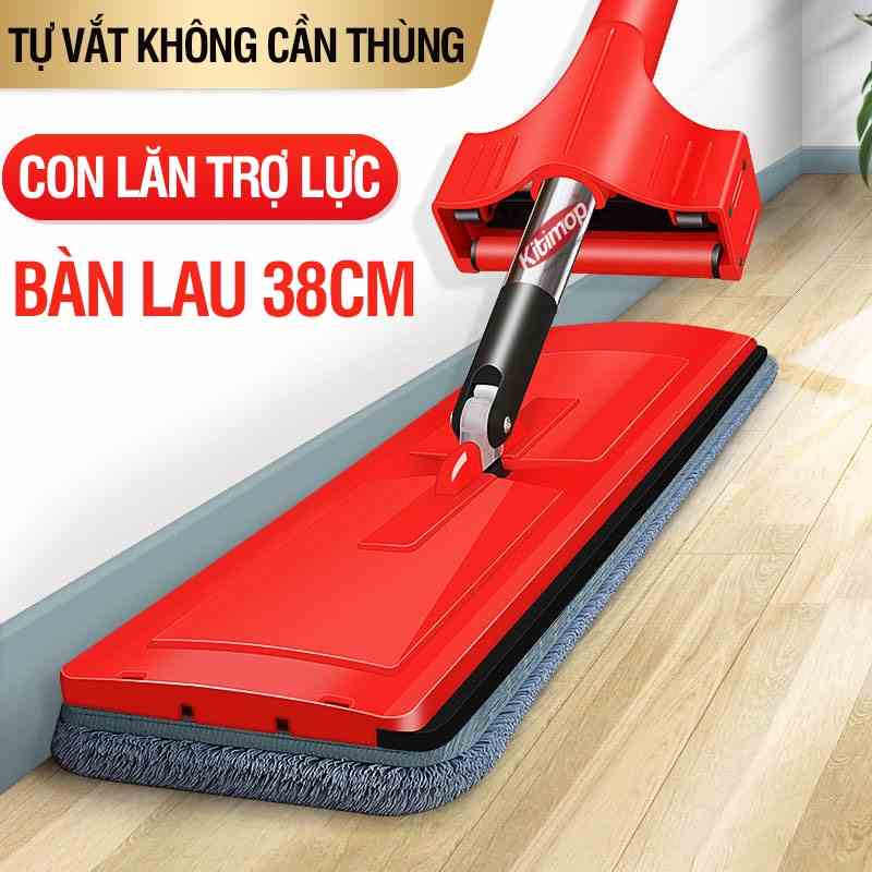 Cây lau nhà tự vắt Kitimop-RED bàn lau lớn 38cm, con lăn trợ lực, thanh thép chống gỉ, bảo hành 12 tháng, 2 miếng lau