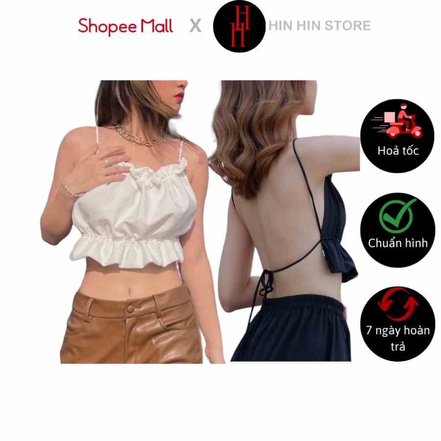 Áo Croptop 2 dây yếm dún bèo hở lưng màu trắng và đen HAC61 - Hỉn Hỉn Store