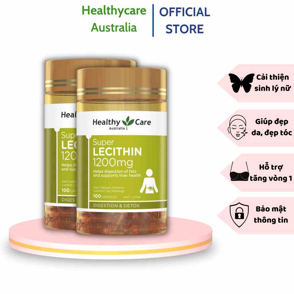 Combo 2 Hộp mầm đậu nành Healthy Care Super Lecithin đẹp da, đào thải độc tố gan, cân bằng nội tiết tố hộp 100 viên