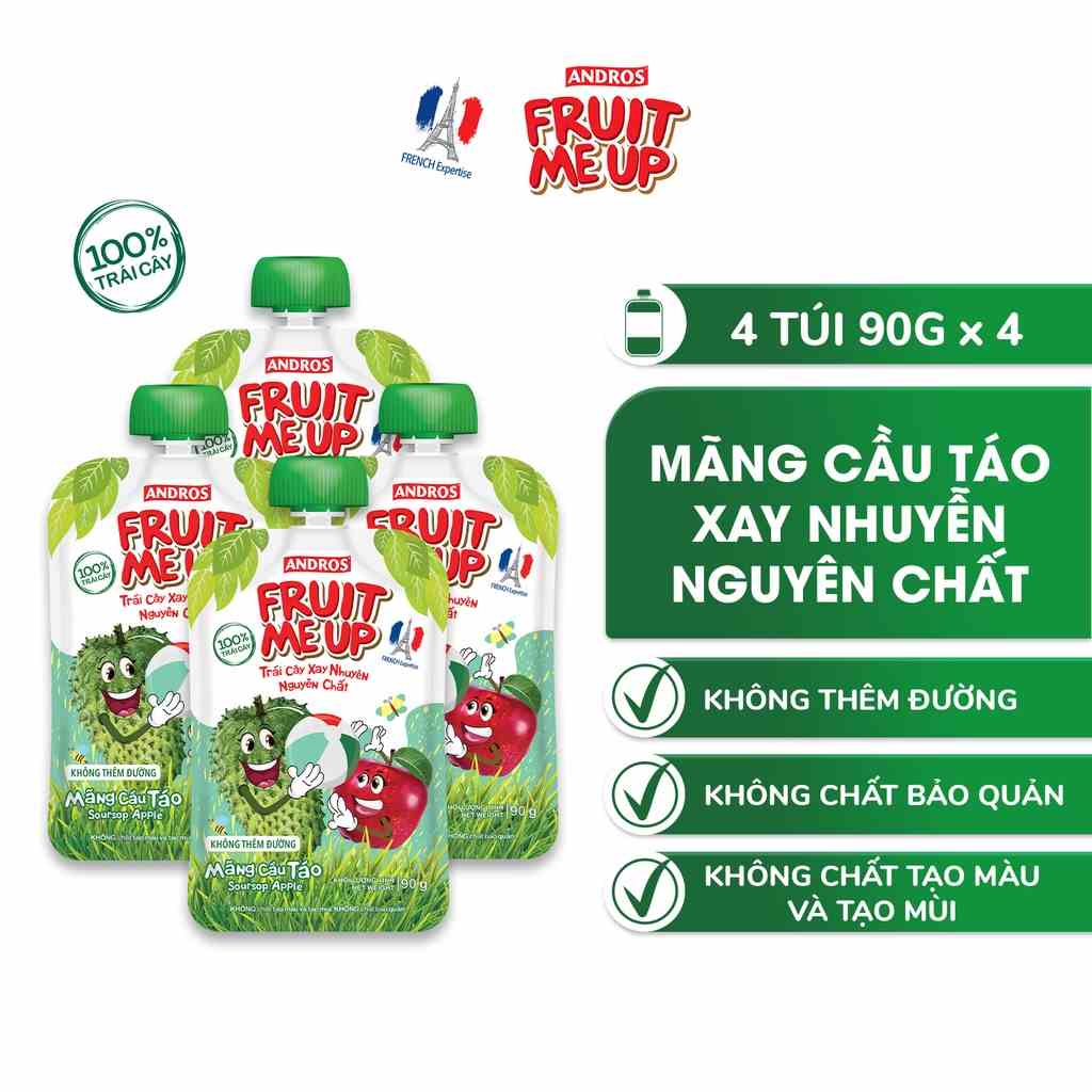 Combo 4 túi Trái Cây Xay Nhuyễn Vị Mãng cầu táo - 100% trái cây thật - ANDROS FRUIT ME UP - 90gx4