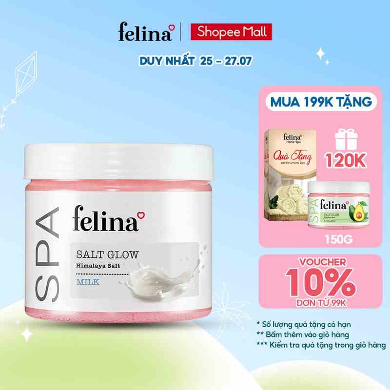 Muối tắm tẩy tế bào chết body Felina Home Spa 500g từ hạt muối hồng Himalay tinh khiết - da sáng mịn rạng rỡ