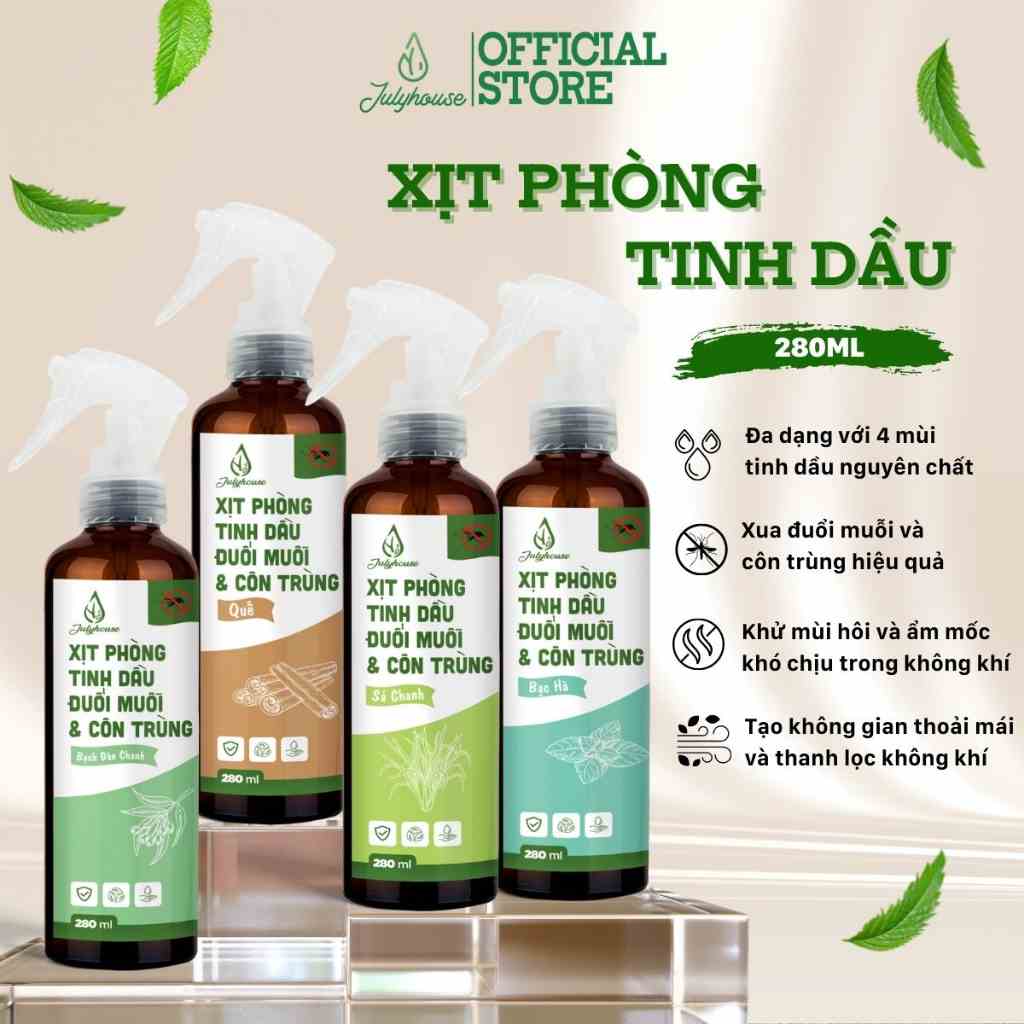 Bình Xịt Phòng Tinh Dầu Sả Chanh, Bạc Hà, Quế, Bạch Đàn Chanh Đuổi Muỗi 280ml Julyhouse Khử Mùi Hiệu Quả (MÙI TỰ CHỌN)