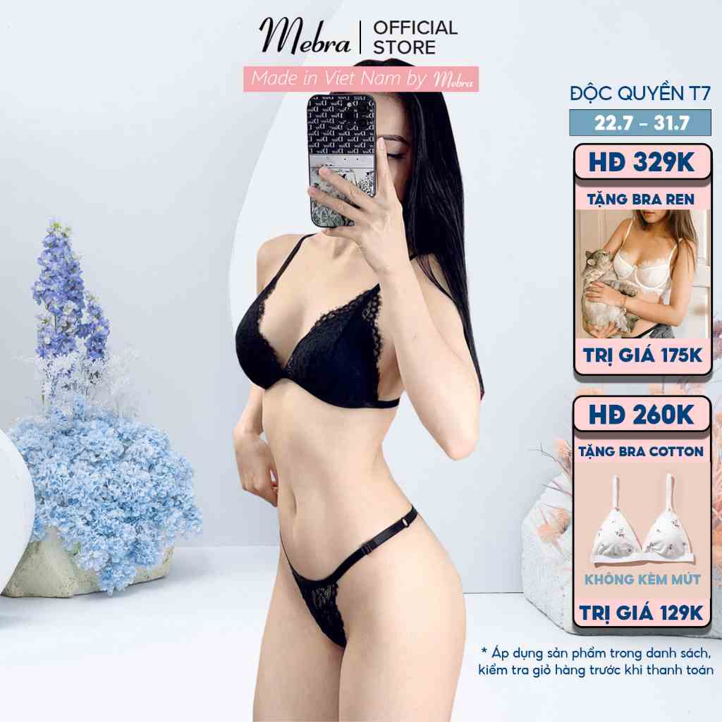 Bộ đồ lót bralette ren mí đen hàn không gọng mút mỏng có tăng đơ 4 chiều sexy gợi cảm cao cấp Mebra A020+Q014C