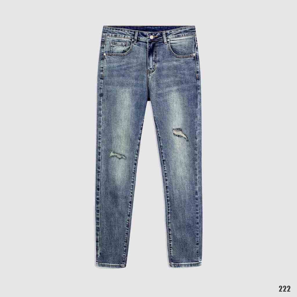 Quần jeans dài nam LB co giãn, vải jean denin dày dặn, cắt rách,in chữ, phom slim fit DNBB2836