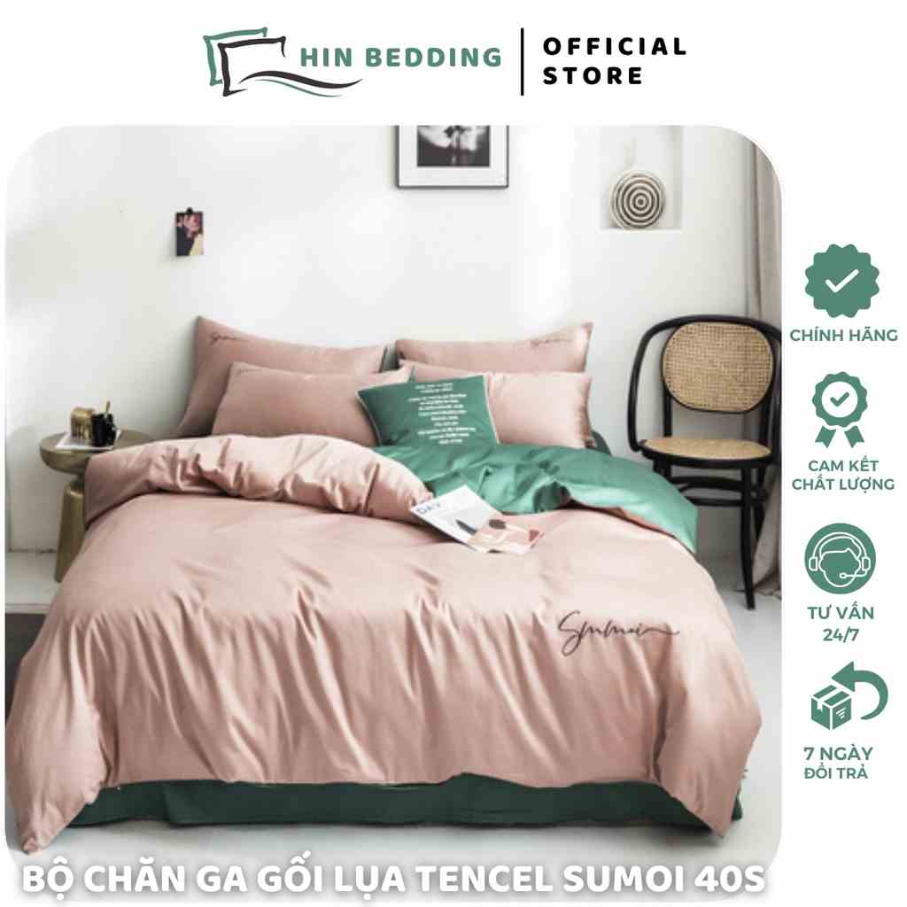 Bộ Chăn Ga Gối Lụa Tencel Sumoi 40S Cao Cấp Hàng Mềm Mịn HIN BEDDING, Chất Liệu Lụa Sumoi Tencel Mềm Mịn Đủ Kích Thước