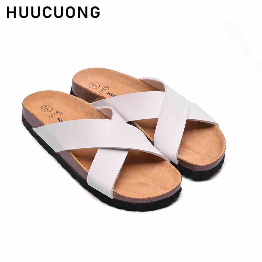 Dép unisex HuuCuong quai chéo trắng đế trấu