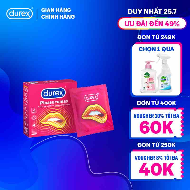 Bao cao su Durex Pleasuremax gân gai tăng khoái cảm, size 56mm, hộp 3 bao