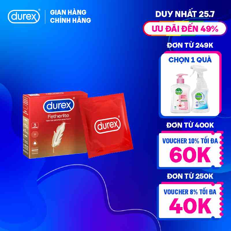 Bao cao su Durex Fetherlite siêu mỏng, size 52.5mm, 3 bao/hộp