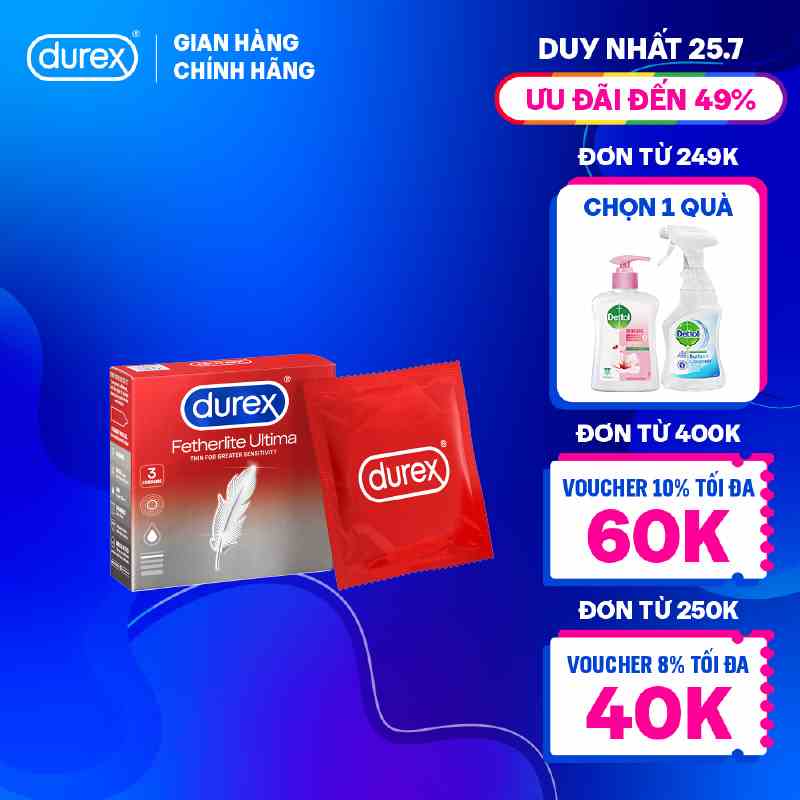 Bao cao su Durex Fetherlite Ultima siêu mỏng, size 52mm, 3 bao/hộp