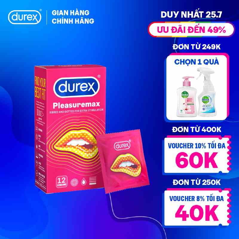 Bao cao su Durex Pleasuremax gân gai, size 56mm, 12 bao/hộp