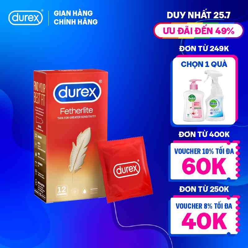 Bao cao su Durex Fetherlite siêu mỏng, size 52.5mm, 12 bao/hộp