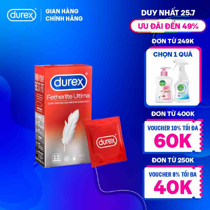 Bao cao su Durex Fetherlite Ultima siêu mỏng, size 52mm, 12 bao/hộp