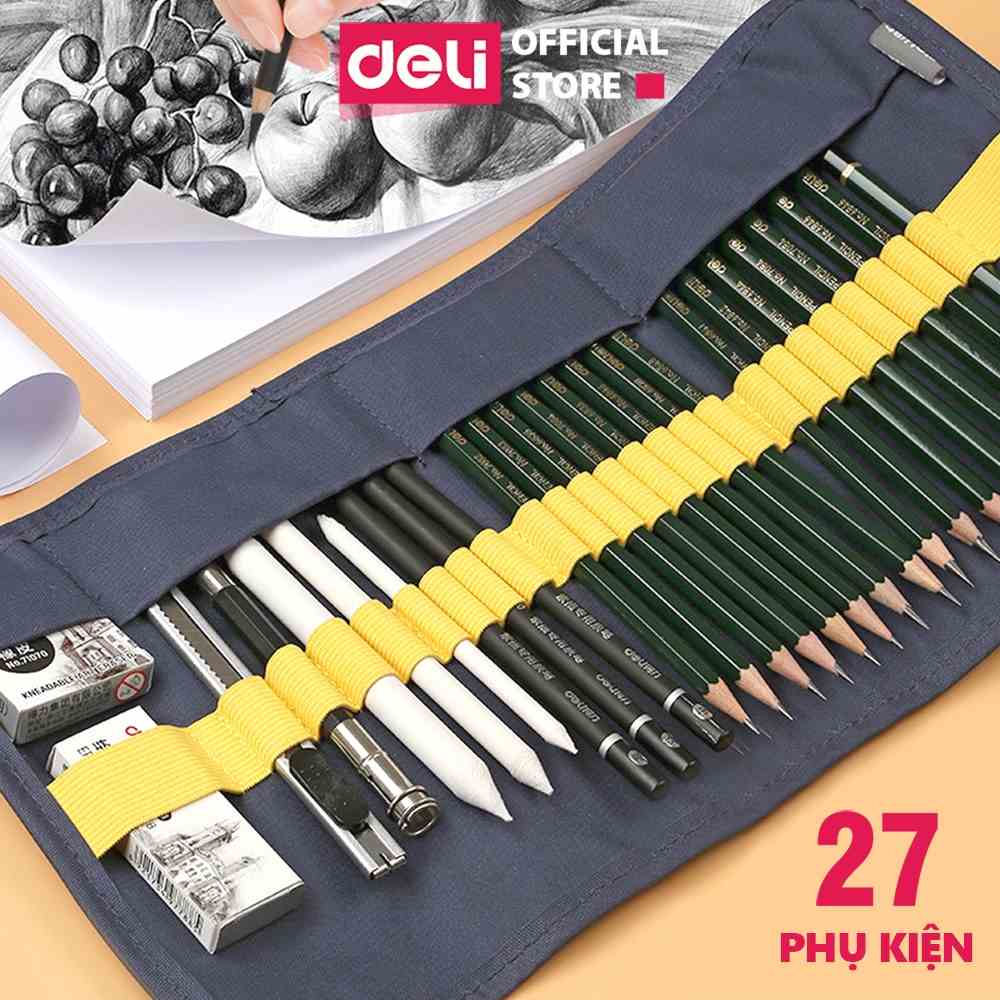 Bộ dụng cụ vẽ phác thảo cao cấp 27 phụ kiện Deli Thiết kế dạng túi cuộn tiện lợi vẽ chân dung phác thảo đánh bóng