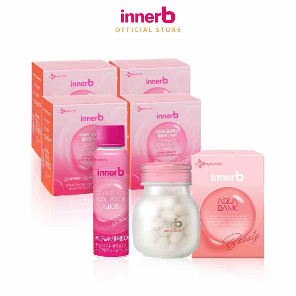 Combo giữ ẩm, sáng da InnerB Aqua Bank lọ 56 viên & Nước uống Collagen (4 hộp x 6 chai)