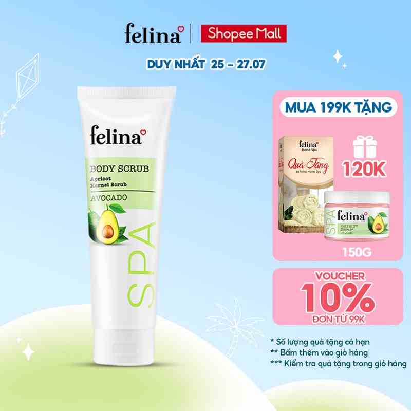 Gel tắm tẩy tế bào chết body Felina Home Spa 300ml từ hạt mơ nghiền cho da nhạy cảm