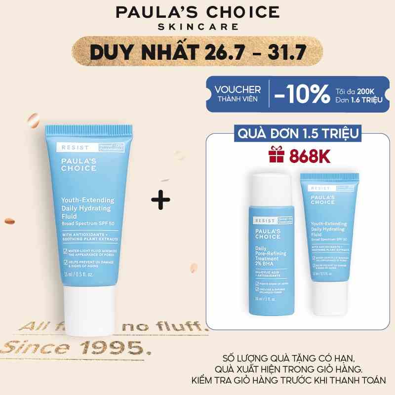 Kem ngày mềm mịn, chống nắng phổ rộng Paulas Choice Resist Youth-Extending Daily Mattifying Fluid SPF 50 15ml Mã 7807