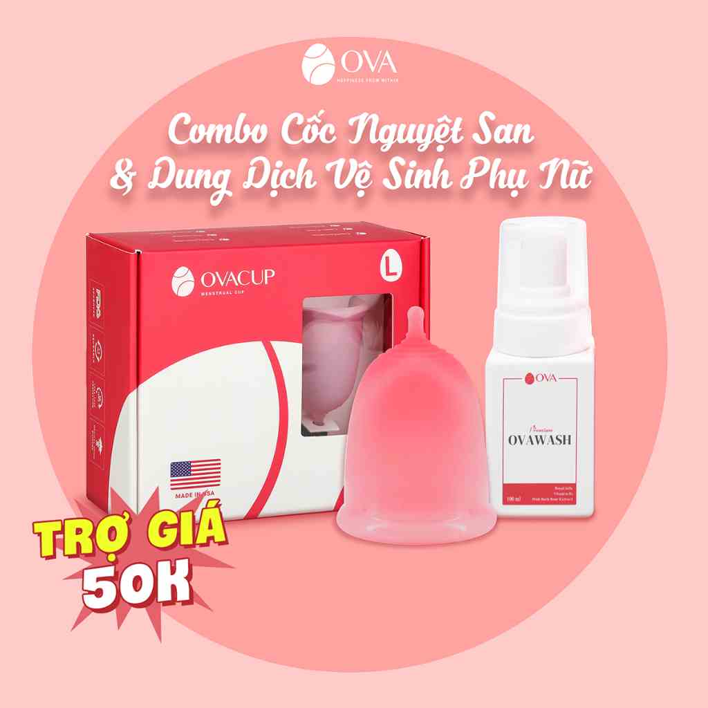 Combo cốc nguyệt san Ovacup và dung dịch vệ sinh phụ nữ Ovawash 60ml, ngăn ngừa và giảm nguy cơ viêm nhiễm vùng kín