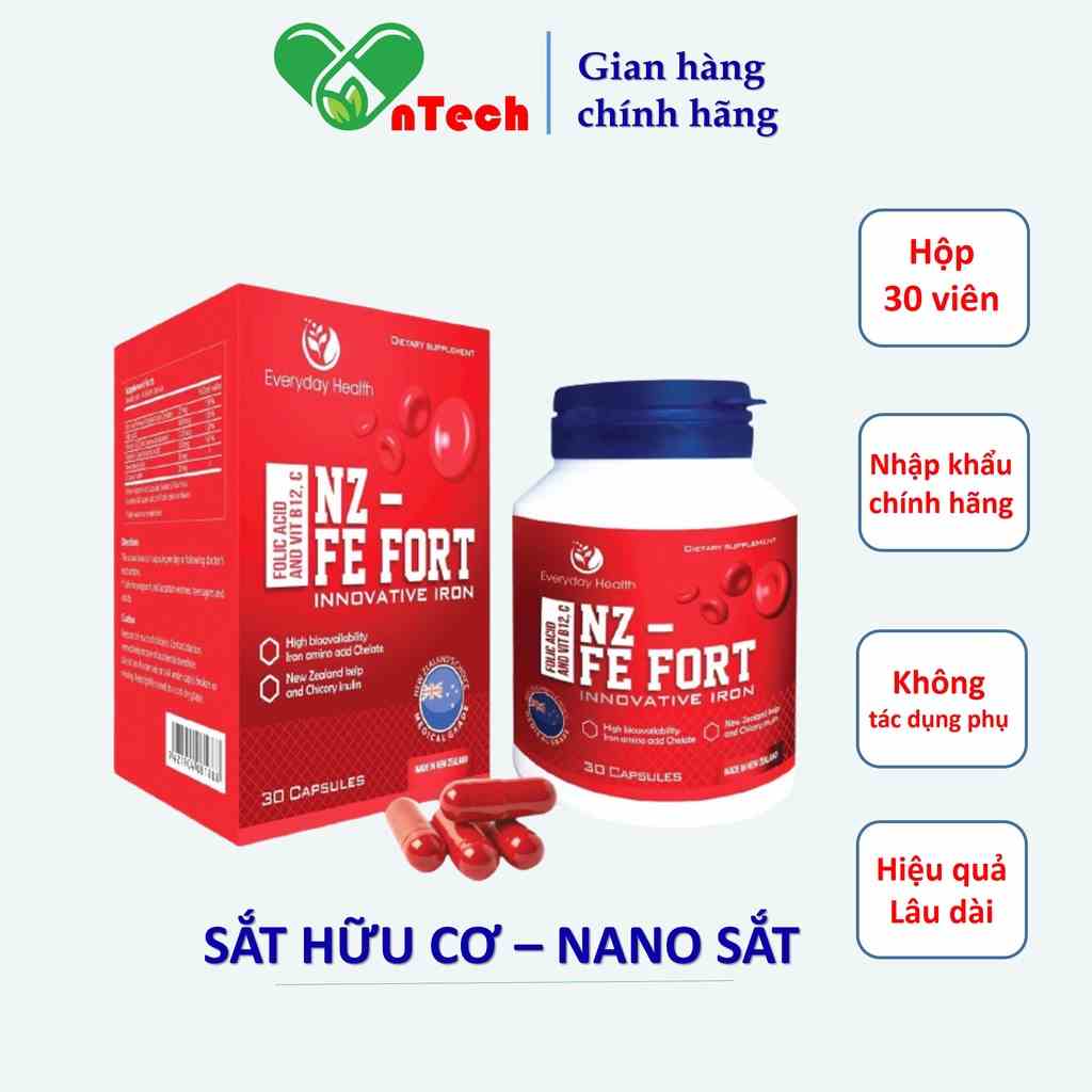 Viên uống Everyday Health NZ - FE FORT bổ sung sắt hữu cơ nano sắt hỗ trợ điều trị bệnh thiếu máu hộp 60 viên