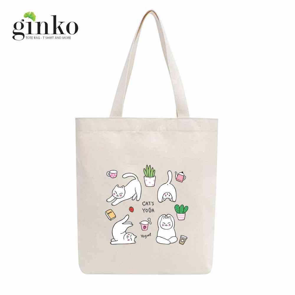 [Mã BMLTA35 giảm đến 35K đơn 99K] Túi Vải Tote GINKO Kiểu Basic Nút Bấm In Hình Yoga Cats M84