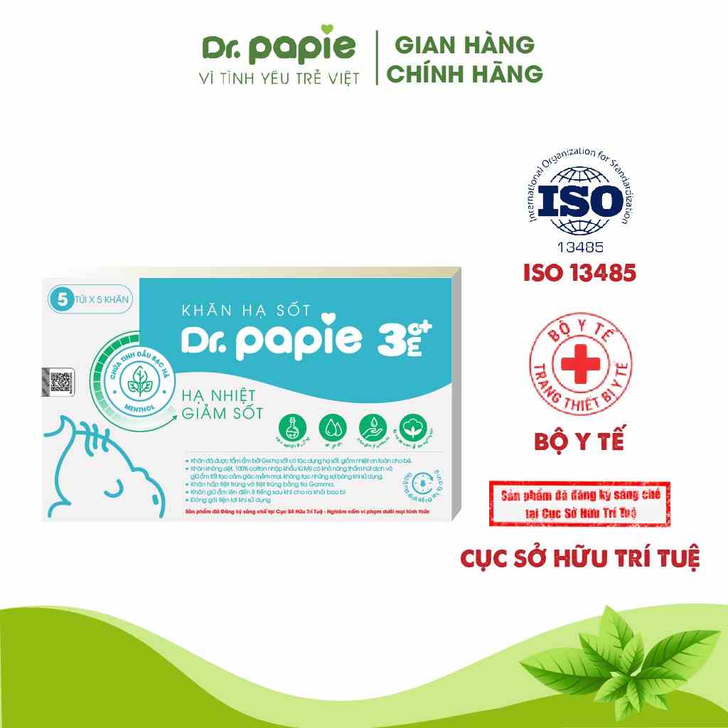 Khăn Lau Hạ Sốt 3+ Dr Papie Thải Nhiệt Hạ Sốt Chuẩn Nhi Khoa, Ngăn Ngừa Co Giật Cho Bé Hộp 5 Gói x 5 Khăn/Gói