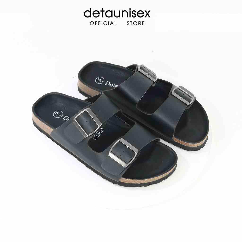 Dép Birken đế trấu quai ngang 2 khóa nam nữ Detaunisex màu đen lót đen - DETA21F