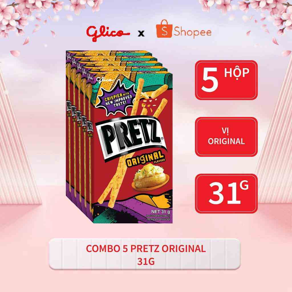 [Mã BMLTB35 giảm đến 35K đơn 99K] Combo 5 hộp Bánh que nướng giòn vị khoai tây GLICO Pretz Original Flavour 31g