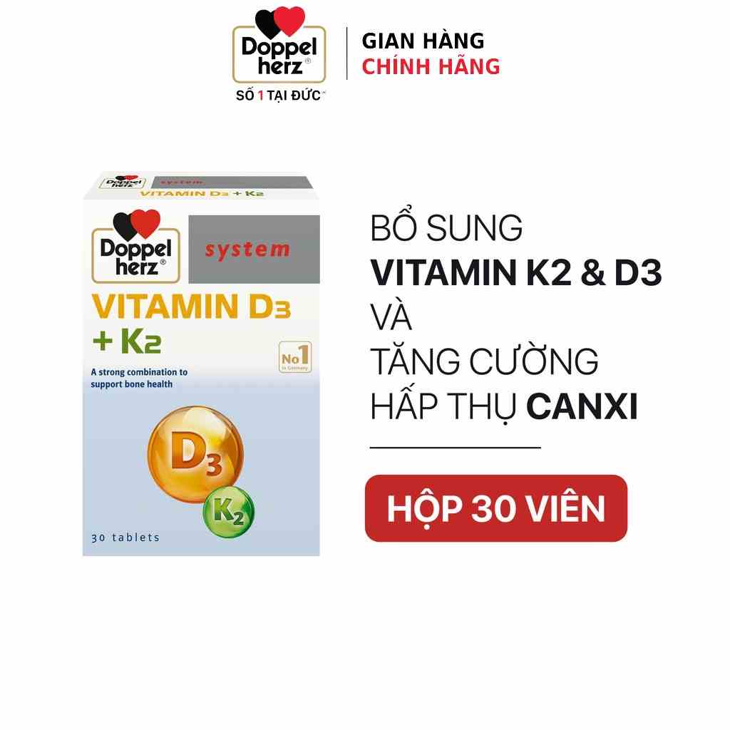 [TPCN Nhập Khẩu] Viên uống tăng cường hấp thu Canxi, giảm nguy cơ loãng xương Doppelherz Vitamin D3 + K2 (Hộp 30 viên)