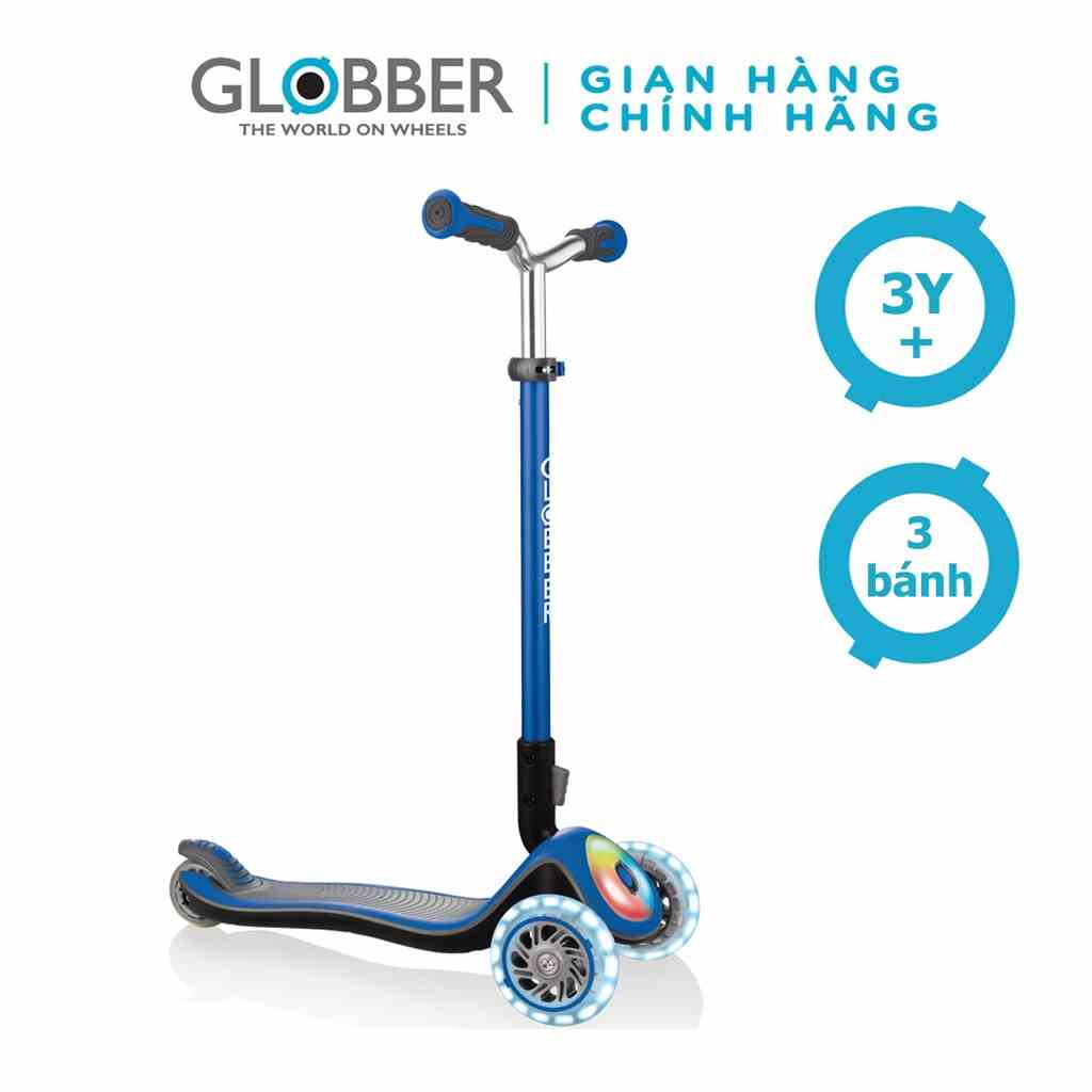 Xe Trượt Scooter 3 Bánh Gấp Gọn Có Bánh Xe Và Mặt Trước Phát Sáng Globber Elite Prime Cho Bé Từ 3- 9 Tuổi – Xanh Da Trời