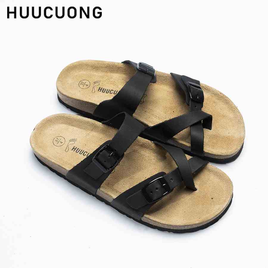 Dép unisex HuuCuong xỏ ngón da bò đen đế trấu